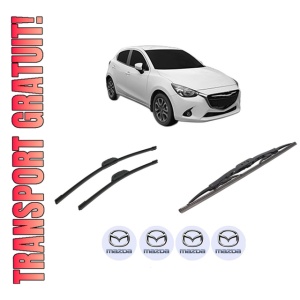 Set 3 stergatoare MAZDA 2 Hatchback (DL, DJ) din 2014-2021, pentru parbriz si luneta fata si spate auto, Bosch Twin-Aerotwin Retrofit, din cauciuc siliconat rezistent, 4 Stickere Auto MAZDA