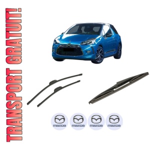 Set 3 stergatoare MAZDA 3 Hatchback Van (BM) din 2015-2016, pentru parbriz si luneta fata si spate auto, Bosch Twin-Aerotwin, din cauciuc siliconat rezistent, 4 Stickere Auto MAZDA