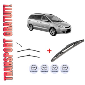 Set 3 stergatoare MAZDA 5 (CR) din 2005 - 2010, pentru parbriz si luneta fata si spate auto, Valeo Silencio, din cauciuc siliconat rezistent, 4 Stickere Auto MAZDA