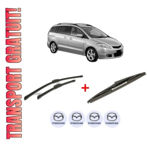 Set 3 stergatoare MAZDA 5 (CR) din 2005 - 2010, pentru parbriz si luneta fata si spate auto, Bosch Twin, din cauciuc siliconat rezistent, 4 Stickere Auto MAZDA