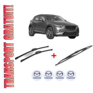 Set 3 stergatoare MAZDA CX-3 (DK) din 2015 - 2018, pentru parbriz si luneta fata si spate auto, Bosch Twin, din cauciuc siliconat rezistent, 4 Stickere Auto MAZDA