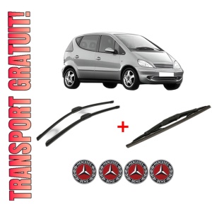 Set 3 stergatoare MERCEDES-BENZ A-CLASS (W168) din 1997 - 2004, pentru parbriz si luneta fata si spate auto, Bosch Twin, din cauciuc siliconat rezistent, 4 Stickere Auto MERCEDES-BENZ