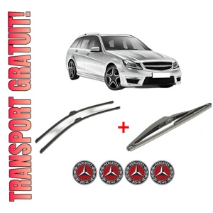 Set 3 stergatoare MERCEDES-BENZ C-CLASS T-Model (S204) din 2007 - 2014, pentru parbriz si luneta fata si spate auto, Bosch Twin, din cauciuc siliconat rezistent, 4 Stickere Auto MERCEDES-BENZ