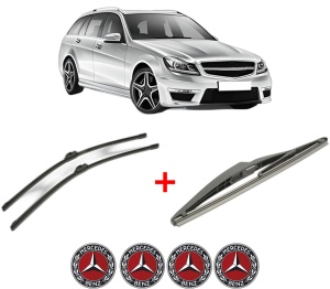 Set 3 stergatoare MERCEDES-BENZ C-CLASS T-Model (S204) din 2007 - 2014, pentru parbriz si luneta fata si spate auto, Bosch Twin, din cauciuc siliconat rezistent, 4 Stickere Auto MERCEDES-BENZ v7427