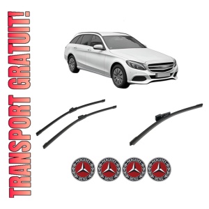 Set 3 stergatoare MERCEDES-BENZ C-CLASS T-Model (S205) din 2014-2021, pentru parbriz si luneta fata si spate auto, Bosch Aerotwin-Aerotwin, din cauciuc siliconat rezistent, 4 Stickere Auto MERCEDES-BENZ