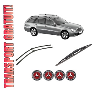 Set 3 stergatoare MERCEDES-BENZ E-CLASS T-Model (S211) din 2003-2009, pentru parbriz si luneta fata si spate auto, Bosch Twin-Aerotwin, din cauciuc siliconat rezistent, 4 Stickere Auto MERCEDES-BENZ