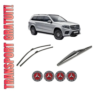 Set 3 stergatoare MERCEDES-BENZ GLS (X166) din 2015-2019, pentru parbriz si luneta fata si spate auto, Bosch Twin-Aerotwin, din cauciuc siliconat rezistent, 4 Stickere Auto MERCEDES-BENZ