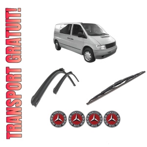 Set 3 stergatoare MERCEDES-BENZ VITO Bus (W638) din 1996-2003, pentru parbriz si luneta fata si spate auto, Bosch Twin-Aerotwin Retro Truck, din cauciuc siliconat rezistent, 4 Stickere Auto MERCEDES-BENZ