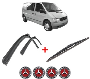 Set 3 stergatoare MERCEDES-BENZ VITO Bus (W638) din 1996 - 2003, pentru parbriz si luneta fata si spate auto, Bosch Twin, din cauciuc siliconat rezistent, 4 Stickere Auto MERCEDES-BENZ v11027