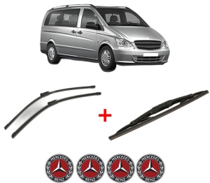 Set 3 stergatoare MERCEDES-BENZ VITO Bus (W639) din 2003 - 2014, pentru parbriz si luneta fata si spate auto, Bosch Twin, din cauciuc siliconat rezistent, 4 Stickere Auto MERCEDES-BENZ v10307