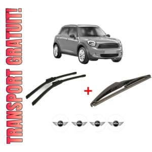 Set 3 stergatoare MINI MINI COUNTRYMAN (R60) din 2010 - 2016, pentru parbriz si luneta fata si spate auto, Bosch Twin, din cauciuc siliconat rezistent, 4 Stickere Auto MINI