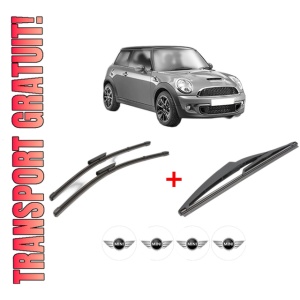 Set 3 stergatoare MINI MINI (R56) din 2006 - 2013, pentru parbriz si luneta fata si spate auto, Valeo Silencio, din cauciuc siliconat rezistent, 4 Stickere Auto MINI