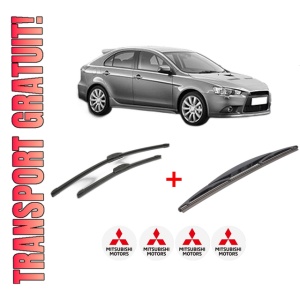 Set 3 stergatoare MITSUBISHI LANCER VIII Sportback (CX_A) din 2008, pentru parbriz si luneta fata si spate auto, Bosch Twin, din cauciuc siliconat rezistent, 4 Stickere Auto MITSUBISHI