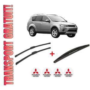 Set 3 stergatoare MITSUBISHI OUTLANDER II (CW_W) din 2006 - 2012, pentru parbriz si luneta fata si spate auto, Bosch Twin, din cauciuc siliconat rezistent, 4 Stickere Auto MITSUBISHI