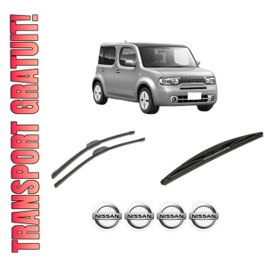 Set 3 stergatoare NISSAN CUBE (Z12) din 2009-2010, pentru parbriz si luneta fata si spate auto, Bosch Twin-Aerotwin Retrofit, din cauciuc siliconat rezistent, 4 Stickere Auto NISSAN