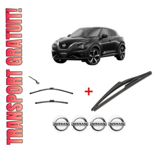 Set 3 stergatoare NISSAN JUKE (F16_) din 2019, pentru parbriz si luneta fata si spate auto, Valeo Silencio, din cauciuc siliconat rezistent, 4 Stickere Auto NISSAN