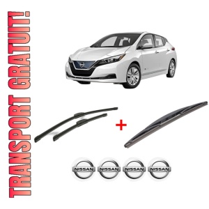 Set 3 stergatoare NISSAN LEAF (ZE1) din 2017, pentru parbriz si luneta fata si spate auto, Bosch Twin, din cauciuc siliconat rezistent, 4 Stickere Auto NISSAN