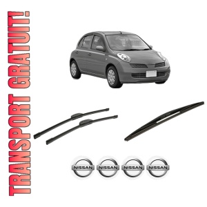 Set 3 stergatoare NISSAN MICRA III (K12) din 2002-2010, pentru parbriz si luneta fata si spate auto, Bosch Twin-Aerotwin Retrofit, din cauciuc siliconat rezistent, 4 Stickere Auto NISSAN