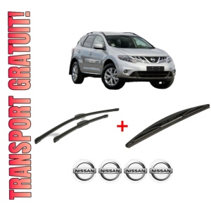 Set 3 stergatoare NISSAN MURANO II VAN (Z51) din 2013 - 2014, pentru parbriz si luneta fata si spate auto, Bosch Twin, din cauciuc siliconat rezistent, 4 Stickere Auto NISSAN