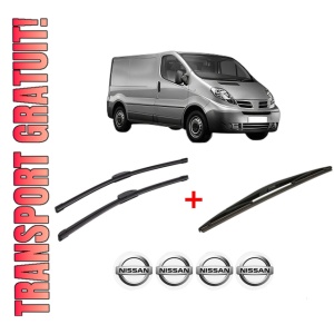 Set 3 stergatoare NISSAN PRIMASTAR Van (X83) din 2002, pentru parbriz si luneta fata si spate auto, Bosch Twin, din cauciuc siliconat rezistent, 4 Stickere Auto NISSAN