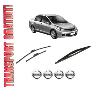 Set 3 stergatoare NISSAN TIIDA Saloon (SC11) din 2007-2012, pentru parbriz si luneta fata si spate auto, Bosch Twin-Aerotwin Retrofit, din cauciuc siliconat rezistent, 4 Stickere Auto NISSAN