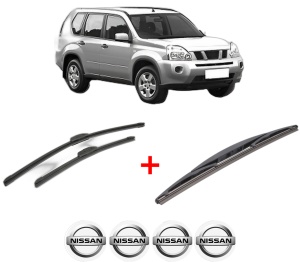 Set 3 stergatoare NISSAN X-TRAIL II (T31) din 2007 - 2014, pentru parbriz si luneta fata si spate auto, Bosch Twin, din cauciuc siliconat rezistent, 4 Stickere Auto NISSAN v4852