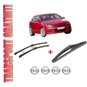 Set 3 stergatoare OPEL ASTRA H GTC (A04) din 2005 - 2010, pentru parbriz si luneta fata si spate auto, Bosch Twin, din cauciuc siliconat rezistent, 4 Stickere Auto OPEL