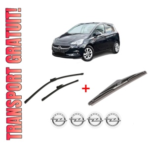 Set 3 stergatoare OPEL CORSA E (X15) din 2014 - 2019, pentru parbriz si luneta fata si spate auto, Bosch Twin, din cauciuc siliconat rezistent, 4 Stickere Auto OPEL