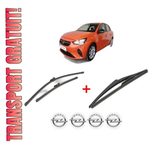 Set 3 stergatoare OPEL CORSA F (P2JO) din 2019, pentru parbriz si luneta fata si spate auto, Valeo Silencio, din cauciuc siliconat rezistent, 4 Stickere Auto OPEL