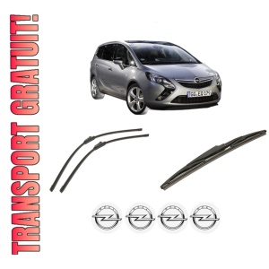 Set 3 stergatoare OPEL ZAFIRA TOURER C (P12) din 2011-2019, pentru parbriz si luneta fata si spate auto, Bosch Twin-Aerotwin, din cauciuc siliconat rezistent, 4 Stickere Auto OPEL