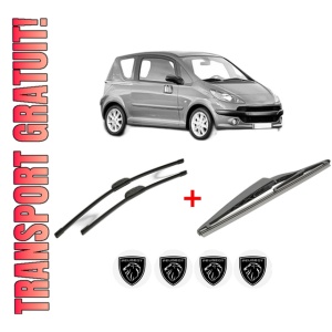 Set 3 stergatoare PEUGEOT 1007 (KM_) din 2005, pentru parbriz si luneta fata si spate auto, Bosch Twin, din cauciuc siliconat rezistent, 4 Stickere Auto PEUGEOT