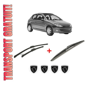 Set 3 stergatoare PEUGEOT 206 Hatchback (2A/C) din 1998 - 2012, pentru parbriz si luneta fata si spate auto, Bosch Twin, din cauciuc siliconat rezistent, 4 Stickere Auto PEUGEOT