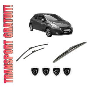 Set 3 stergatoare PEUGEOT 208 Hatchback Van (CR_) din 2013-2019, pentru parbriz si luneta fata si spate auto, Bosch Twin-Aerotwin, din cauciuc siliconat rezistent, 4 Stickere Auto PEUGEOT