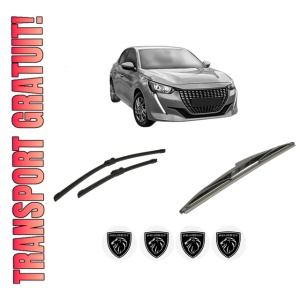Set 3 stergatoare PEUGEOT 208 II (UB_, UP_, UW_, UJ_) din 2019-2023, pentru parbriz si luneta fata si spate auto, Bosch Twin-Aerotwin, din cauciuc siliconat rezistent, 4 Stickere Auto PEUGEOT