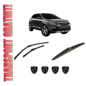 Set 3 stergatoare PEUGEOT 3008 Van (MR_, MC_, MJ_) din 2016-2018, pentru parbriz si luneta fata si spate auto, Bosch Twin-Aerotwin, din cauciuc siliconat rezistent, 4 Stickere Auto PEUGEOT