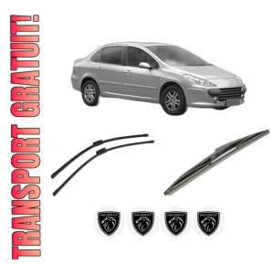 Set 3 stergatoare PEUGEOT 307 Saloon din 2006-2012, pentru parbriz si luneta fata si spate auto, Bosch Twin-Aerotwin, din cauciuc siliconat rezistent, 4 Stickere Auto PEUGEOT
