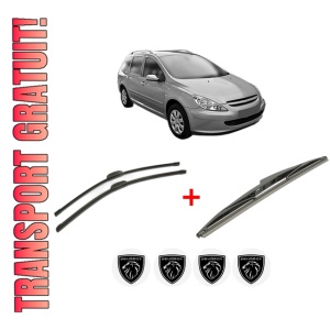 Set 3 stergatoare PEUGEOT 307 SW Estate Van (3E_, 3H_) din 2003 - 2009, pentru parbriz si luneta fata si spate auto, Bosch Twin, din cauciuc siliconat rezistent, 4 Stickere Auto PEUGEOT
