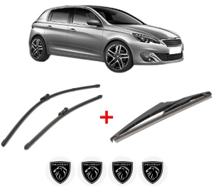 Set 3 stergatoare PEUGEOT 308 II (LB_, LP_, LW_, LH_, L3_) din 2013 - 2021, pentru parbriz si luneta fata si spate auto, Valeo Silencio, din cauciuc siliconat rezistent, 4 Stickere Auto PEUGEOT v12461