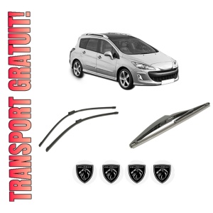 Set 3 stergatoare PEUGEOT 308 SW I (4E_, 4H_) din 2007-2014, pentru parbriz si luneta fata si spate auto, Bosch Twin-Aerotwin, din cauciuc siliconat rezistent, 4 Stickere Auto PEUGEOT