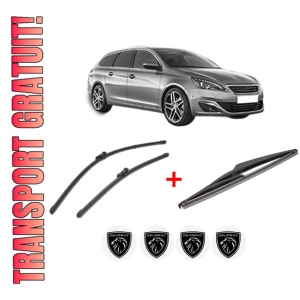 Set 3 stergatoare PEUGEOT 308 SW II (LC_, LJ_, LR_, LX_, L4_) din 2014 - 2021, pentru parbriz si luneta fata si spate auto, Valeo Silencio, din cauciuc siliconat rezistent, 4 Stickere Auto PEUGEOT