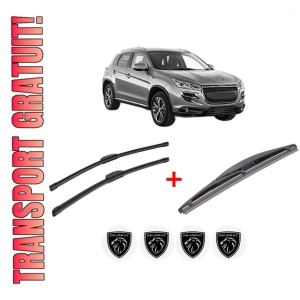 Set 3 stergatoare PEUGEOT 4008 din 2012, pentru parbriz si luneta fata si spate auto, Bosch Twin, din cauciuc siliconat rezistent, 4 Stickere Auto PEUGEOT