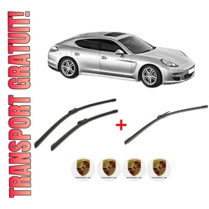 Set 3 stergatoare PORSCHE PANAMERA (970) din 2009 - 2016, pentru parbriz si luneta fata si spate auto, Bosch Aerotwin, din cauciuc siliconat rezistent, 4 Stickere Auto PORSCHE