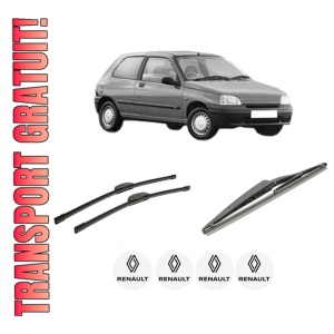 Set 3 stergatoare RENAULT CLIO II Hatchback Van (SB0/1/2_) din 1998-2010, pentru parbriz si luneta fata si spate auto, Bosch Twin-Aerotwin Retrofit, din cauciuc siliconat rezistent, 4 Stickere Auto RENAULT