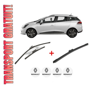 Set 3 stergatoare RENAULT CLIO IV Estate Van (KH_) din 2014 - 2021, pentru parbriz si luneta fata si spate auto, Bosch Aerotwin, din cauciuc siliconat rezistent, 4 Stickere Auto RENAULT