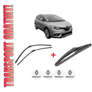 Set 3 stergatoare RENAULT GRAND SCENIC IV (R9_) din 2016 - 2023, pentru parbriz si luneta fata si spate auto, Bosch Twin, din cauciuc siliconat rezistent, 4 Stickere Auto RENAULT