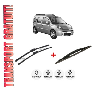 Set 3 stergatoare RENAULT KANGOO / GRAND KANGOO II (KW0/1_) din 2008, pentru parbriz si luneta fata si spate auto, Bosch Twin, din cauciuc siliconat rezistent, 4 Stickere Auto RENAULT