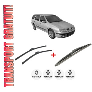 Set 3 stergatoare RENAULT Megane I Kombi van (KA_) din 2001 - 2003, pentru parbriz si luneta fata si spate auto, Bosch Twin, din cauciuc siliconat rezistent, 4 Stickere Auto RENAULT