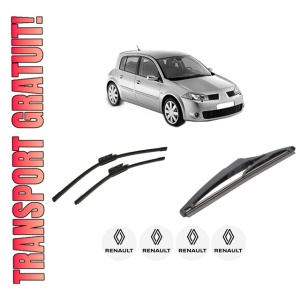 Set 3 stergatoare RENAULT MEGANE II (BM0/1_, CM0/1_) din 2002-2009, pentru parbriz si luneta fata si spate auto, Bosch Twin-Aerotwin, din cauciuc siliconat rezistent, 4 Stickere Auto RENAULT