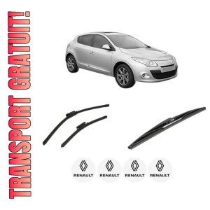 Set 3 stergatoare RENAULT MEGANE III Hatchback Van (BZ_) din 2008-2015, pentru parbriz si luneta fata si spate auto, Bosch Twin-Aerotwin, din cauciuc siliconat rezistent, 4 Stickere Auto RENAULT