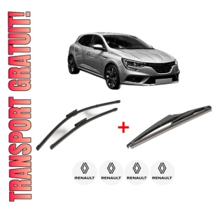 Set 3 stergatoare RENAULT MEGANE IV Hatchback (B9A/M/N_) din 2015, pentru parbriz si luneta fata si spate auto, Valeo Silencio, din cauciuc siliconat rezistent, 4 Stickere Auto RENAULT